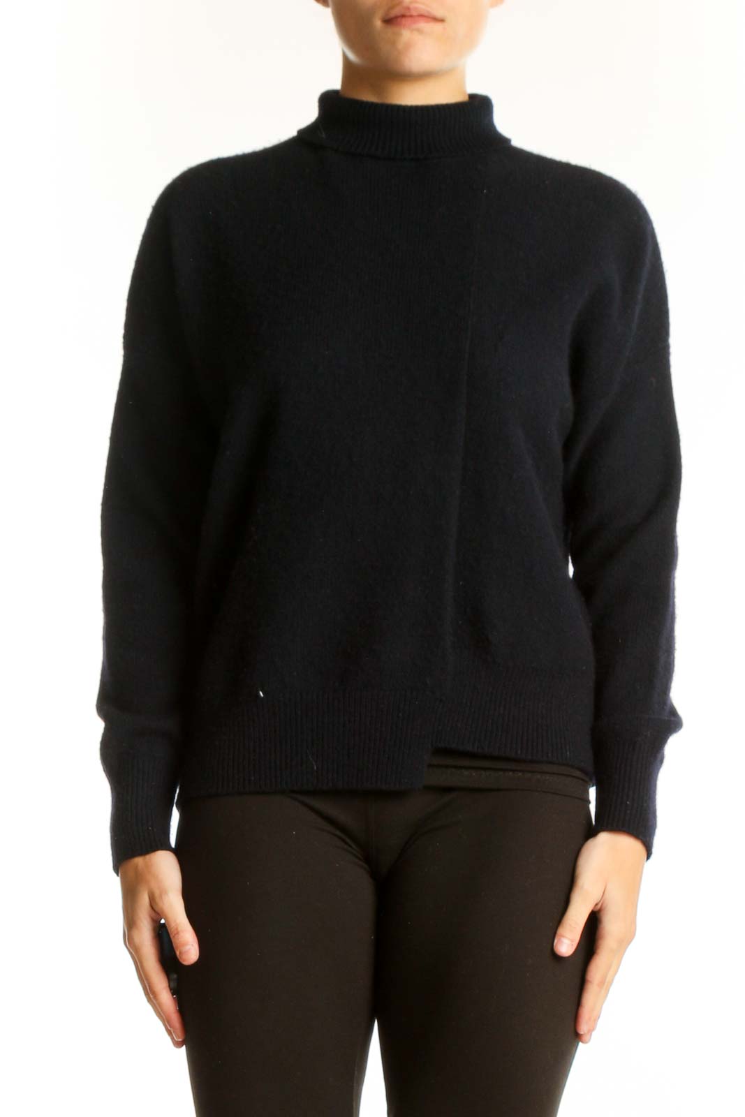 Front view of black Vince turtleneck sweater in cashmere-wool blend