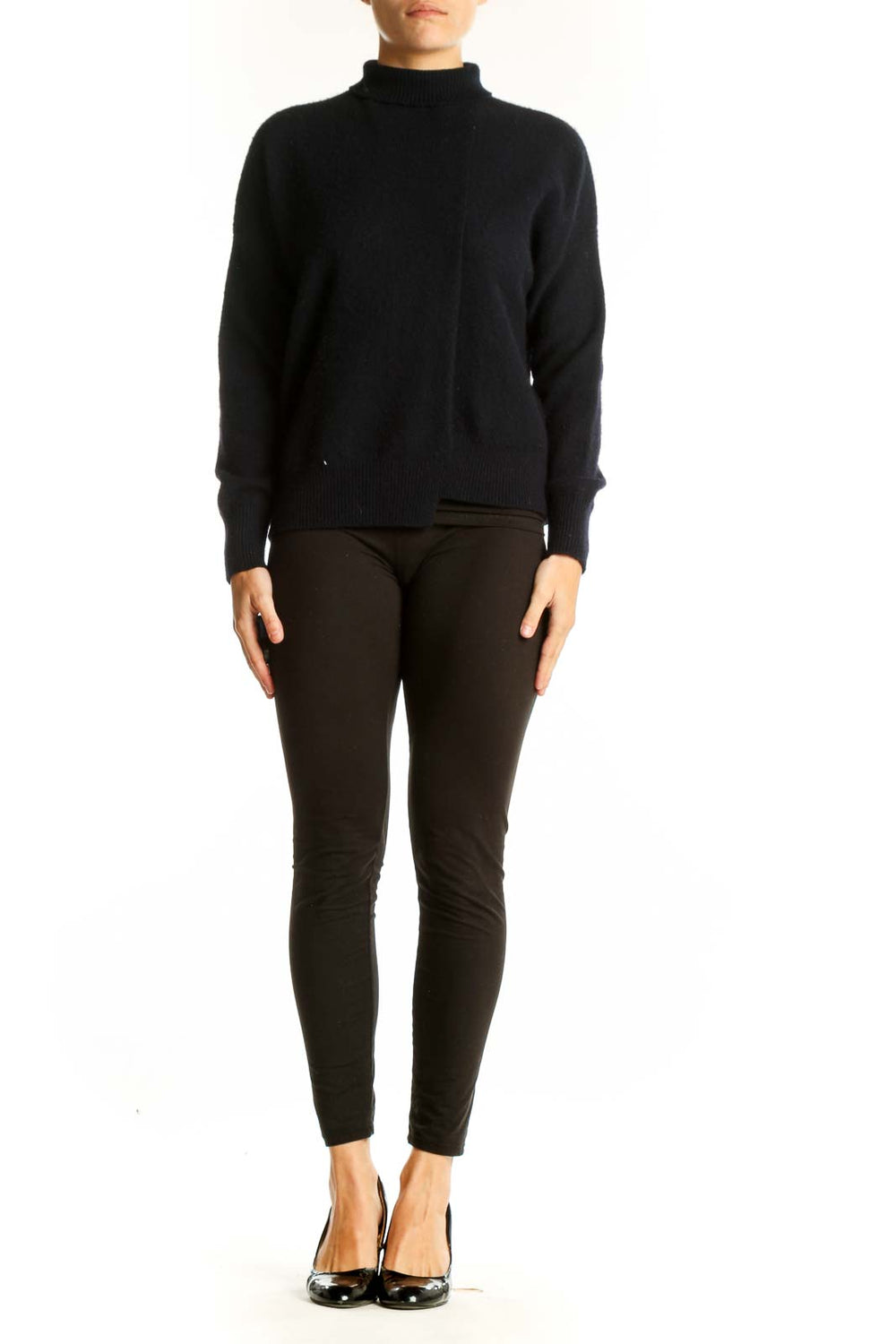Front view of black Vince turtleneck sweater in cashmere-wool blend
