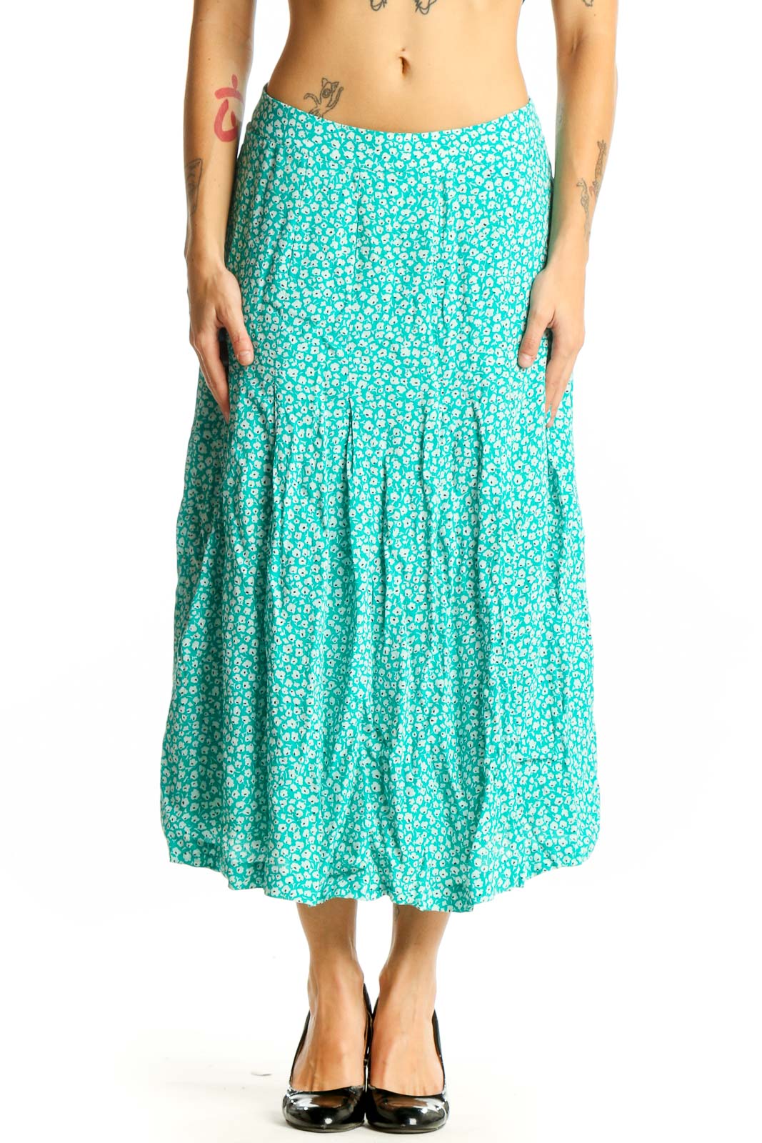 Front view of teal floral print midi skirt from Hobbs London