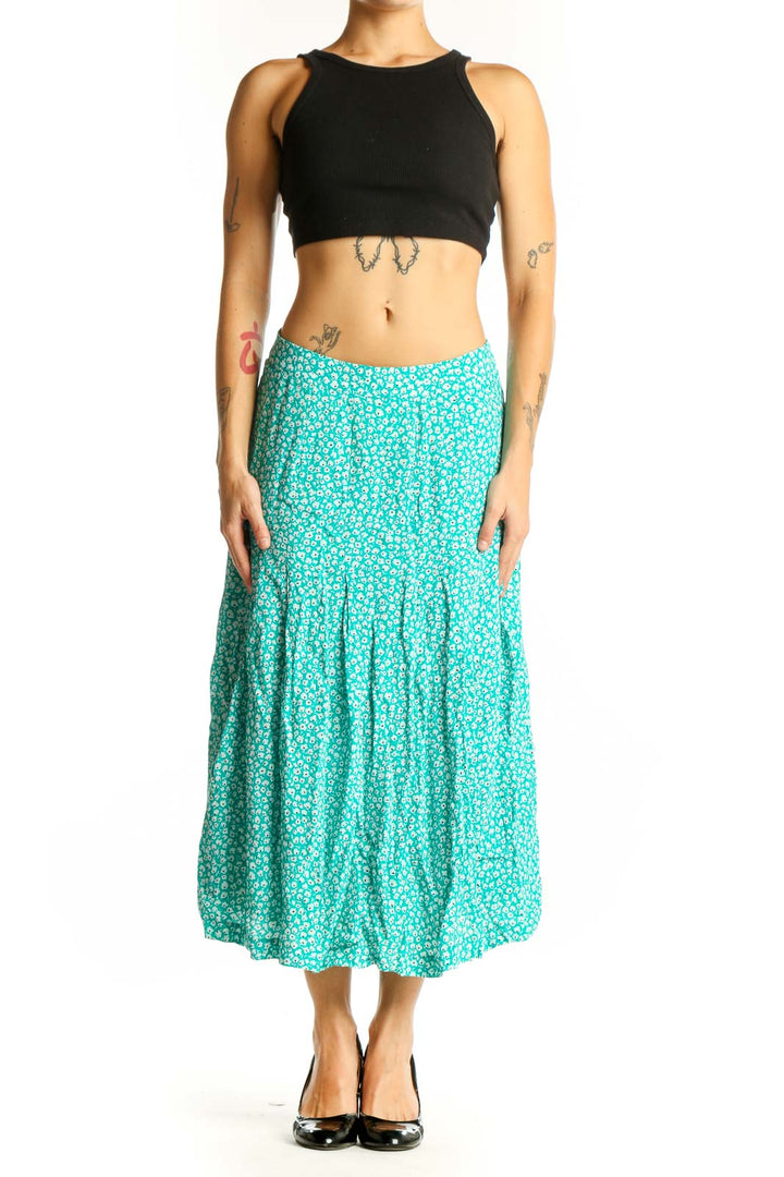 Front view of teal floral print midi skirt from Hobbs London