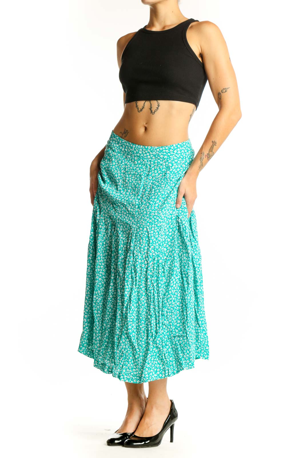 Front view of teal floral print midi skirt from Hobbs London