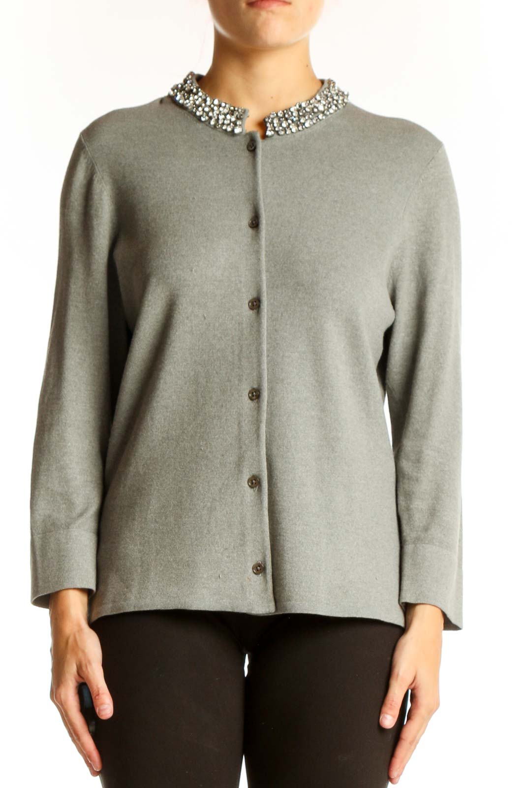 Front view of Ann Taylor gray cardigan with crystal-embellished collar