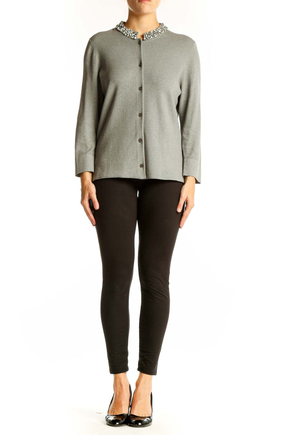 Front view of Ann Taylor gray cardigan with crystal-embellished collar
