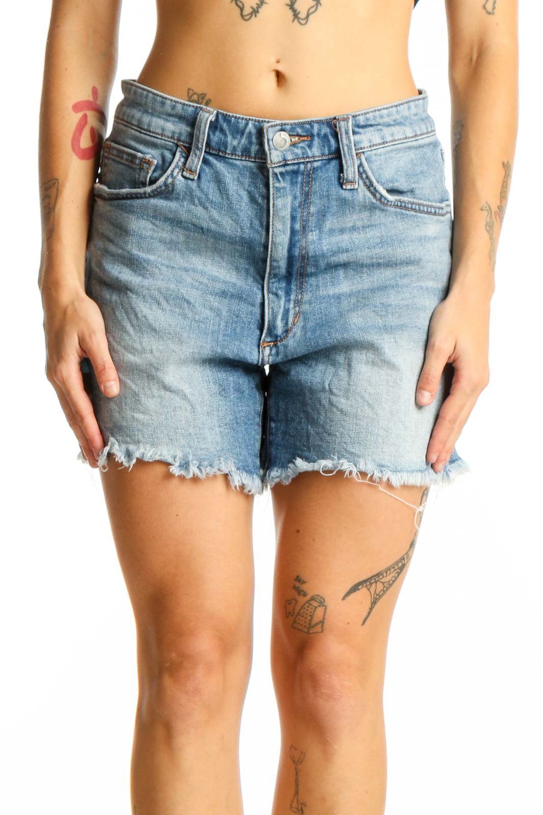 Front view of Joe's light blue denim shorts with distressed hem