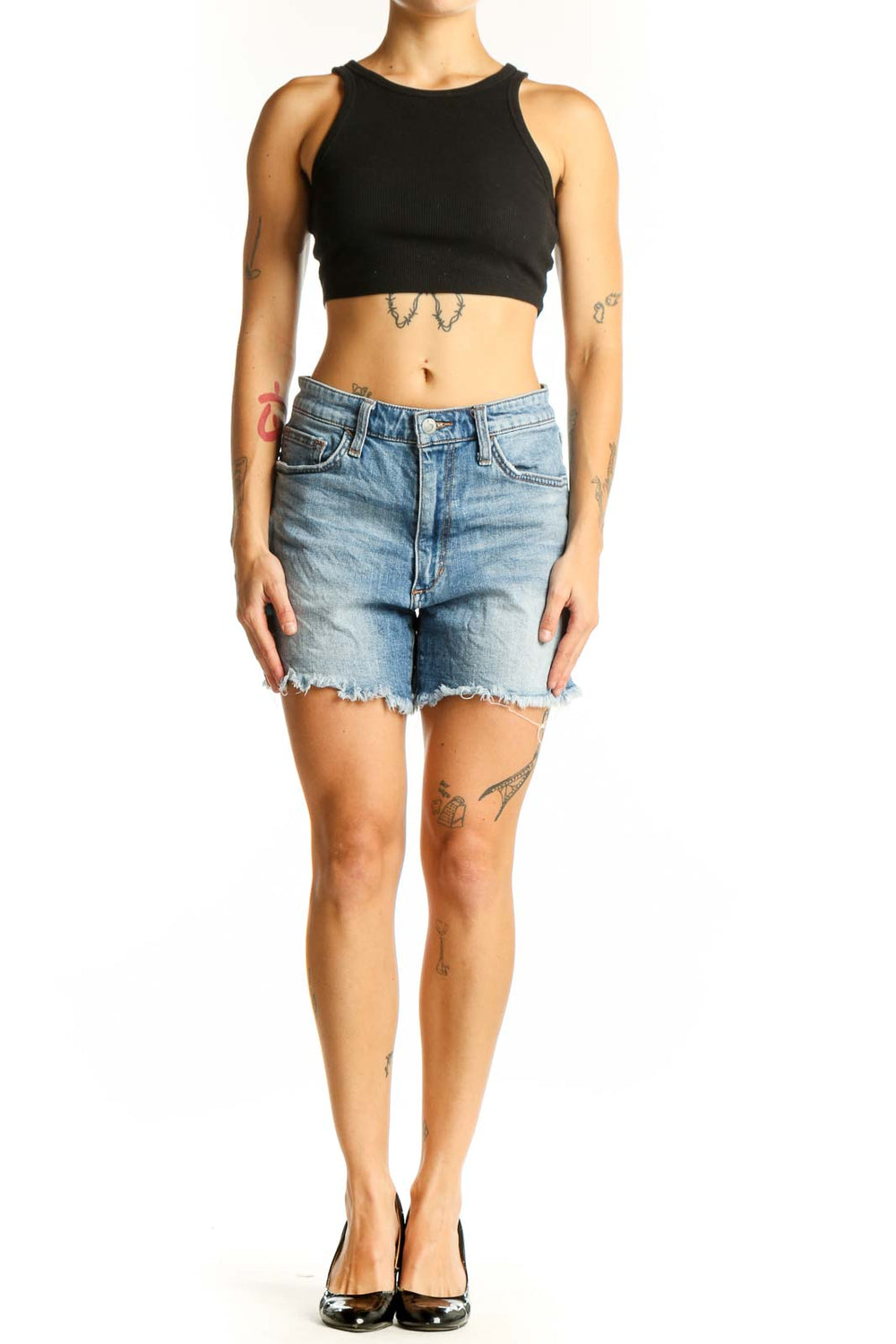 Front view of Joe's light blue denim shorts with distressed hem