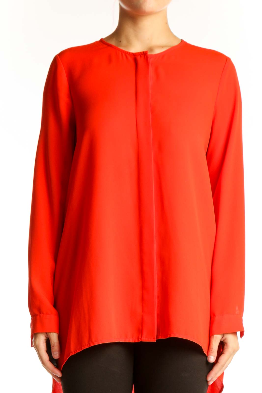Front view of red CeCe by Cynthia Steffe long-sleeve flowy blouse