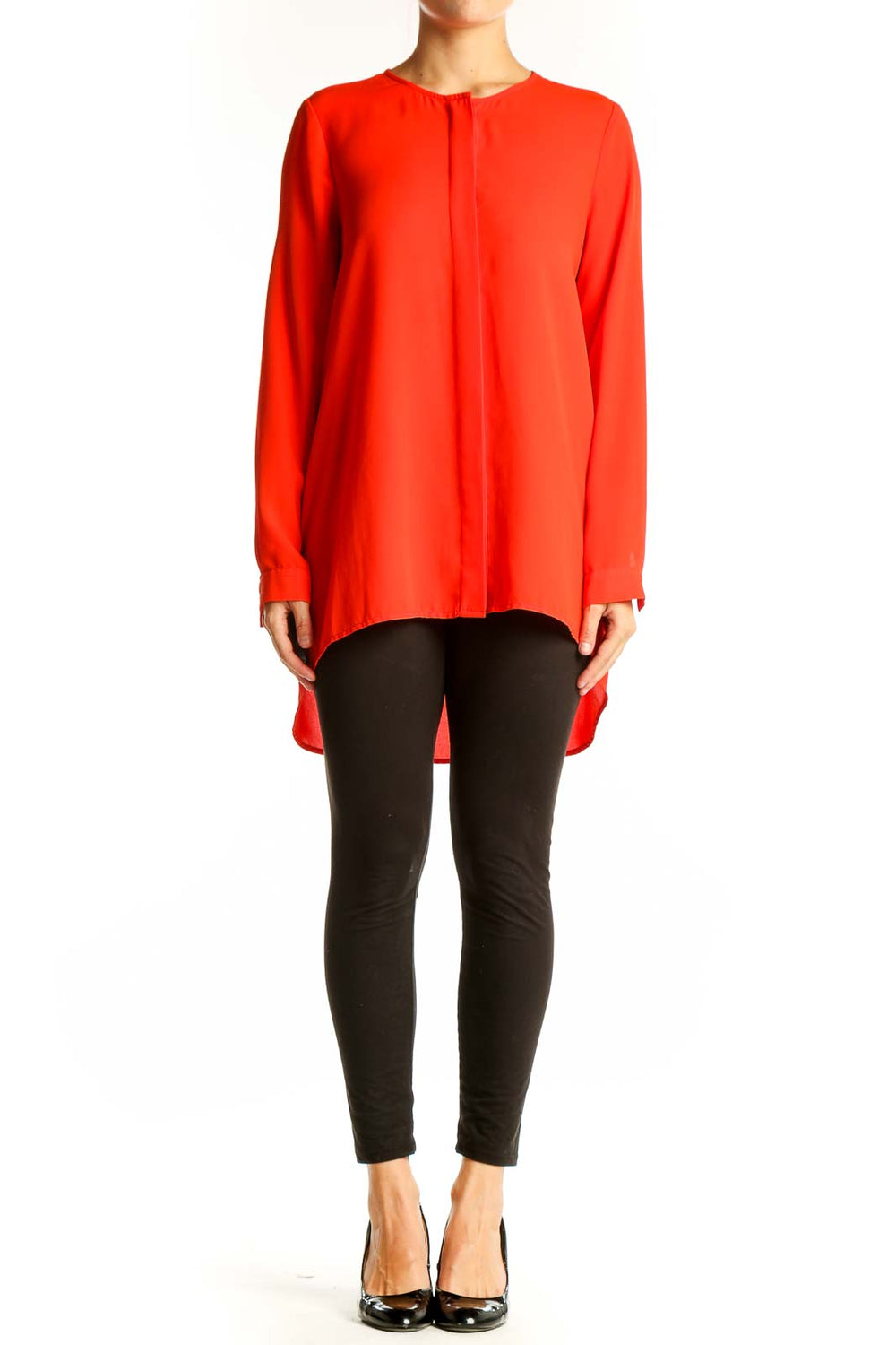 Front view of red CeCe by Cynthia Steffe long-sleeve flowy blouse