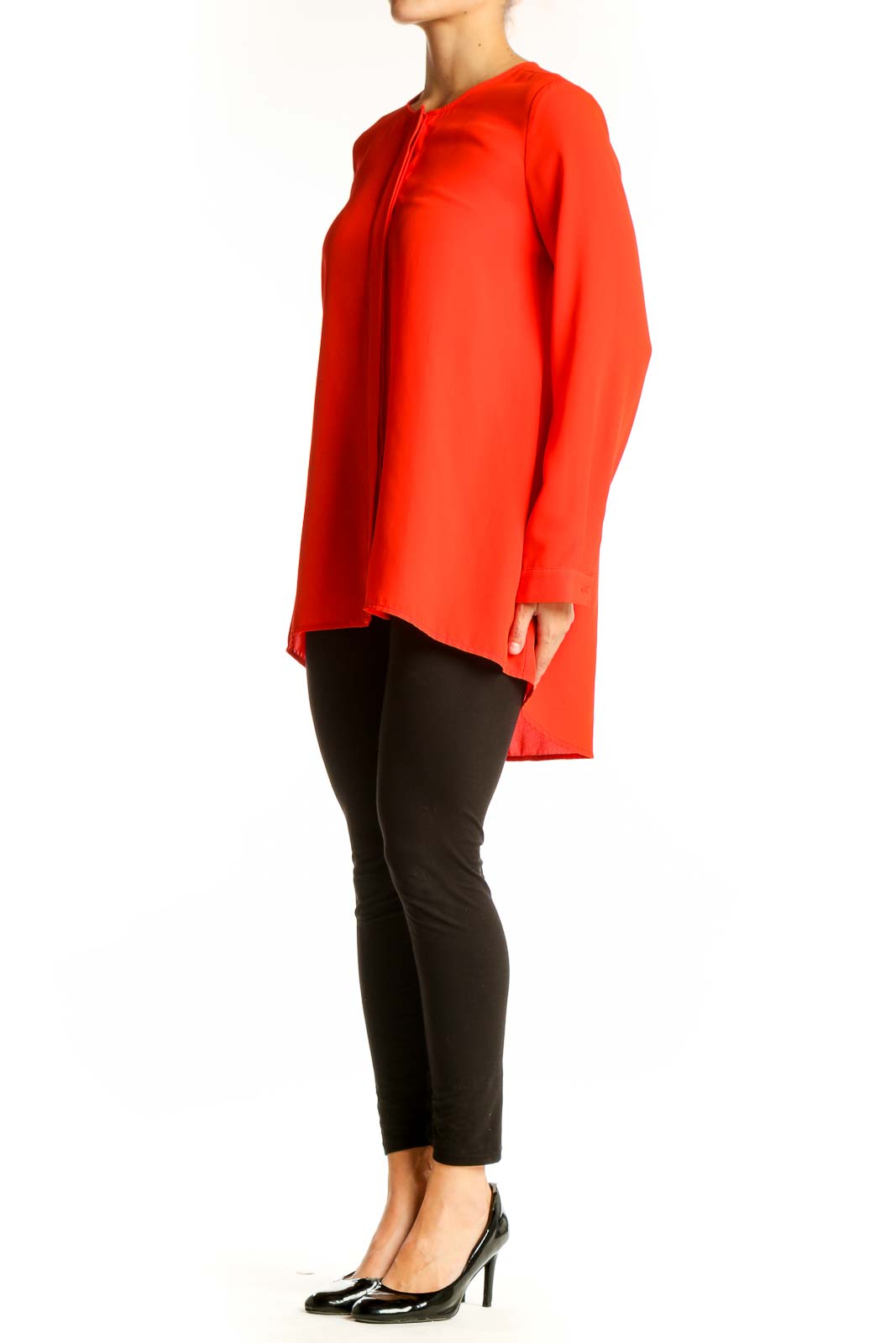 Front view of red CeCe by Cynthia Steffe long-sleeve flowy blouse