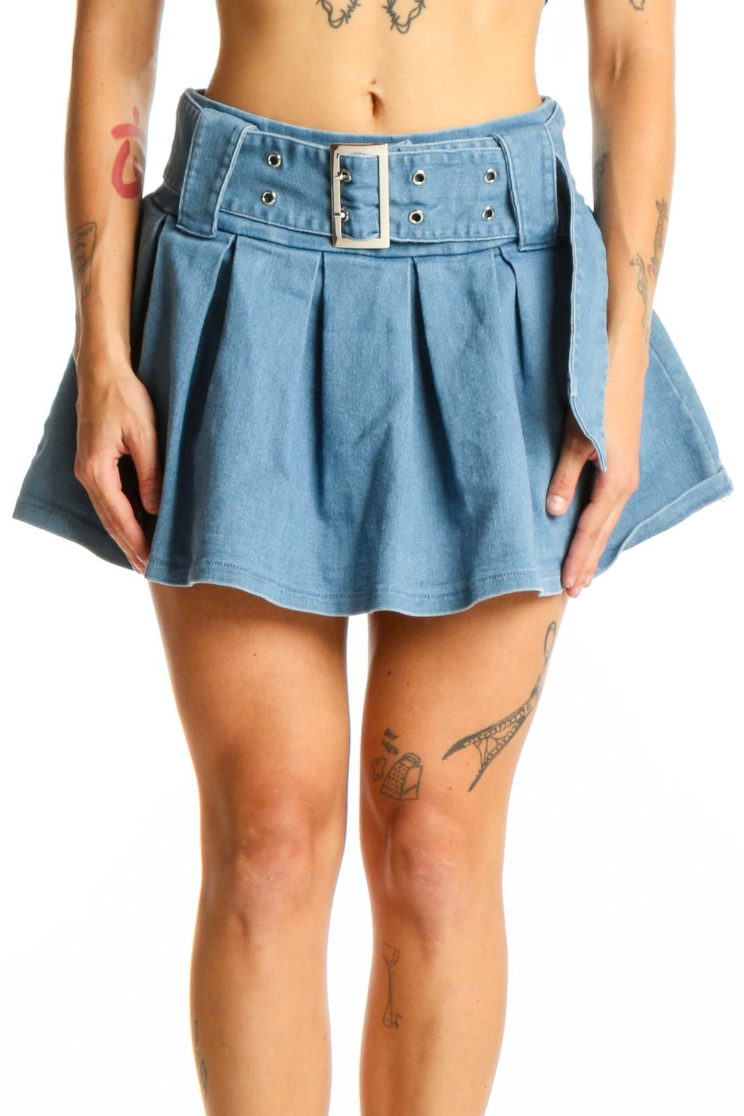 Front view of Light Blue Pleated Denim Mini Skirt with wide belt