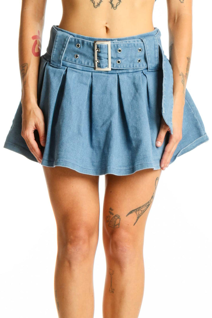 Front view of Light Blue Pleated Denim Mini Skirt with wide belt