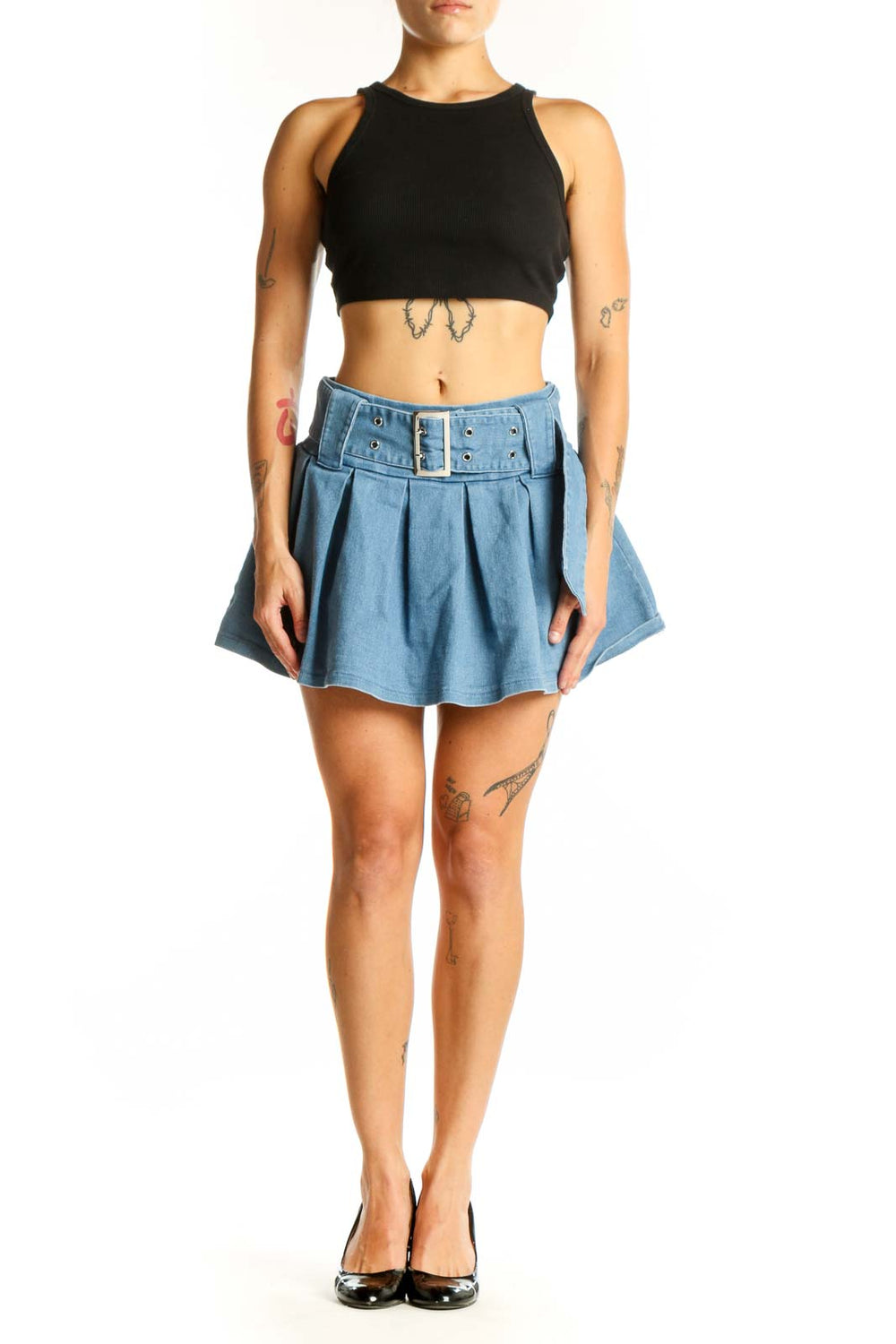 Front view of Light Blue Pleated Denim Mini Skirt with wide belt