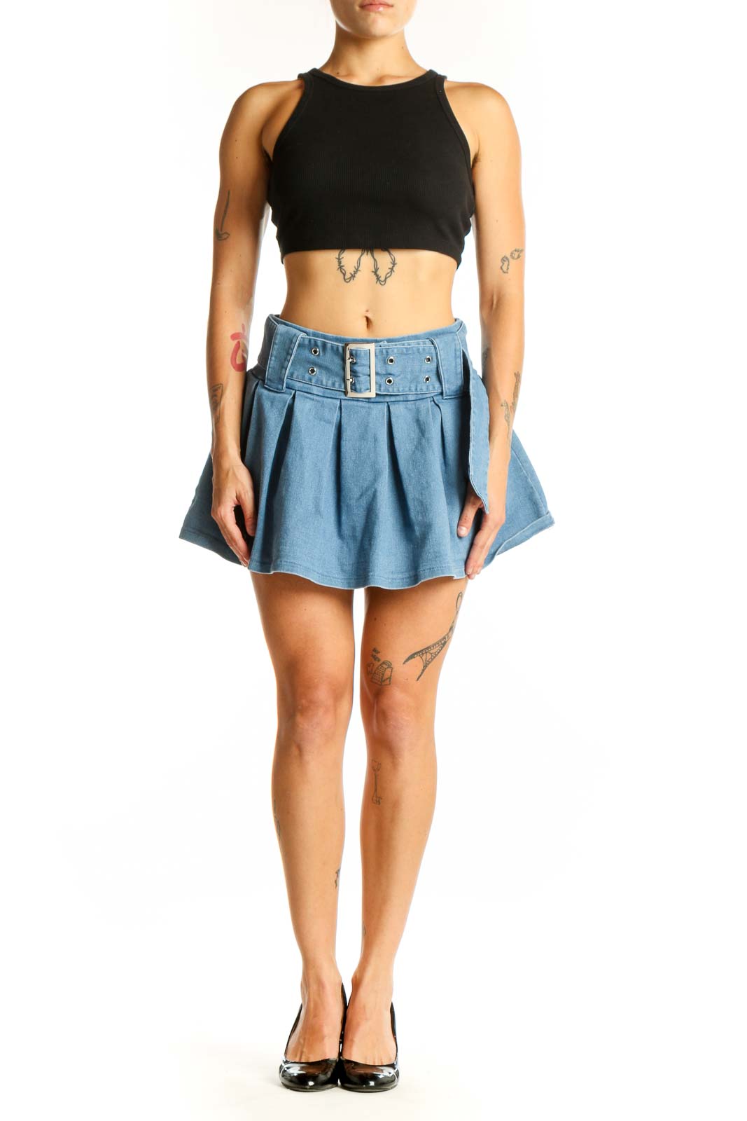 Front view of Light Blue Pleated Denim Mini Skirt with wide belt