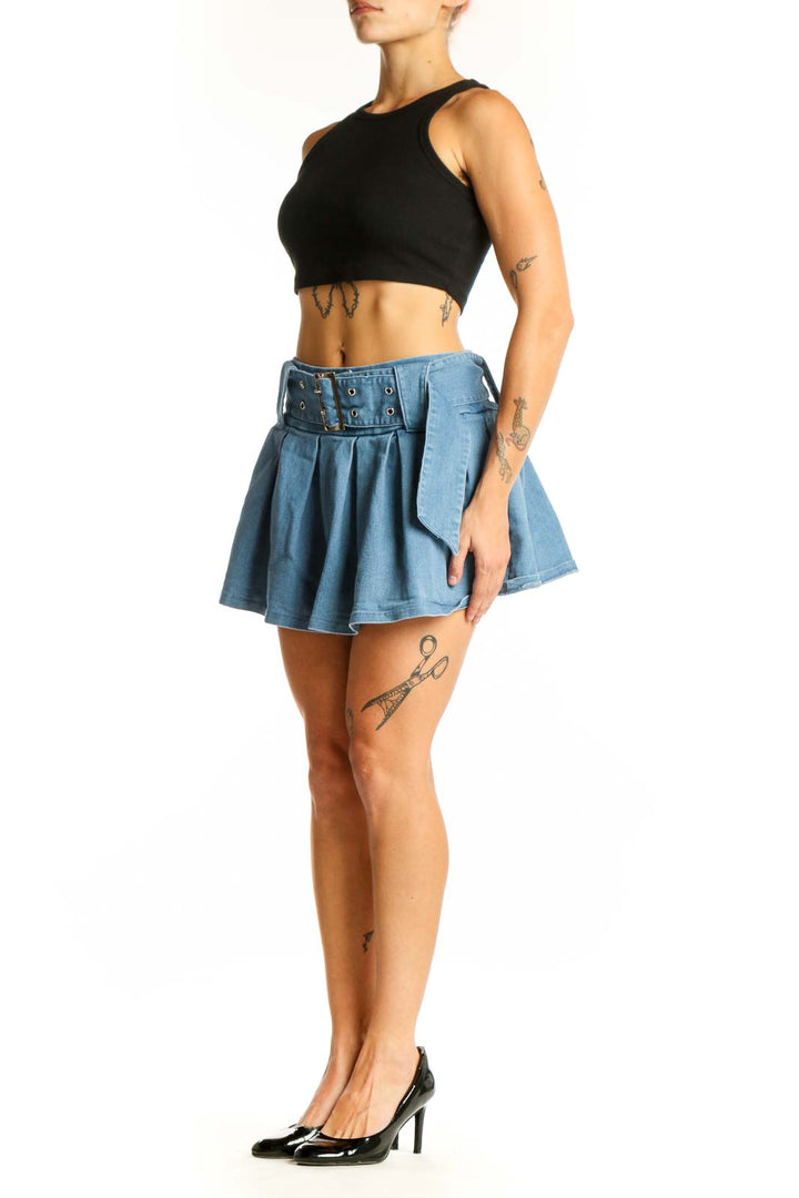 Front view of Light Blue Pleated Denim Mini Skirt with wide belt