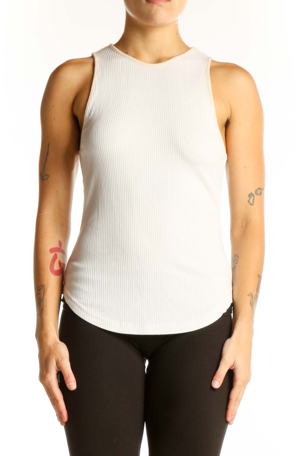 Front view of white ribbed sleeveless Sweaty Betty athletic top