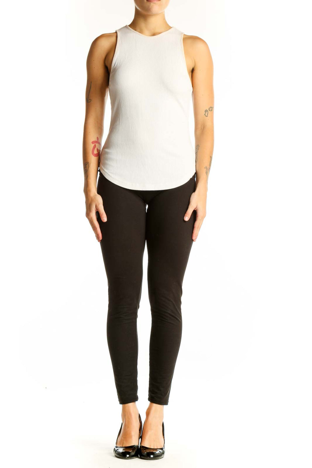 Front view of white ribbed sleeveless Sweaty Betty athletic top