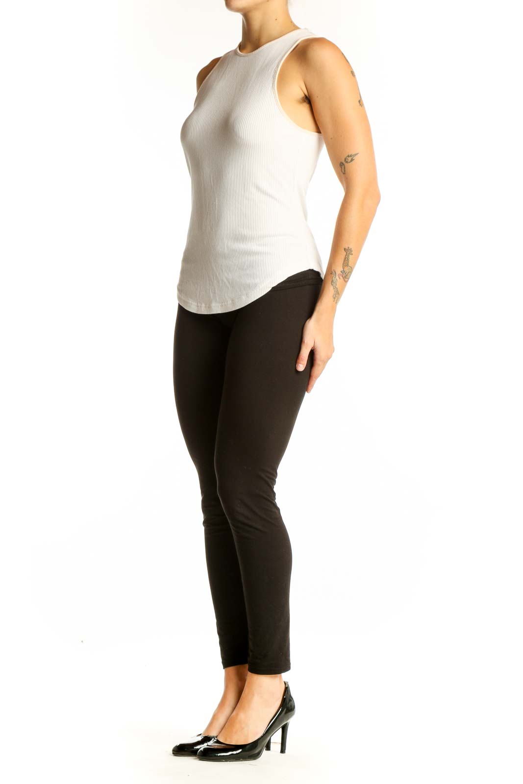 Front view of white ribbed sleeveless Sweaty Betty athletic top