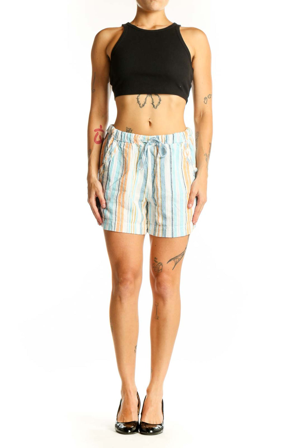 Front view of Briggs blue and orange striped shorts with drawstring waist
