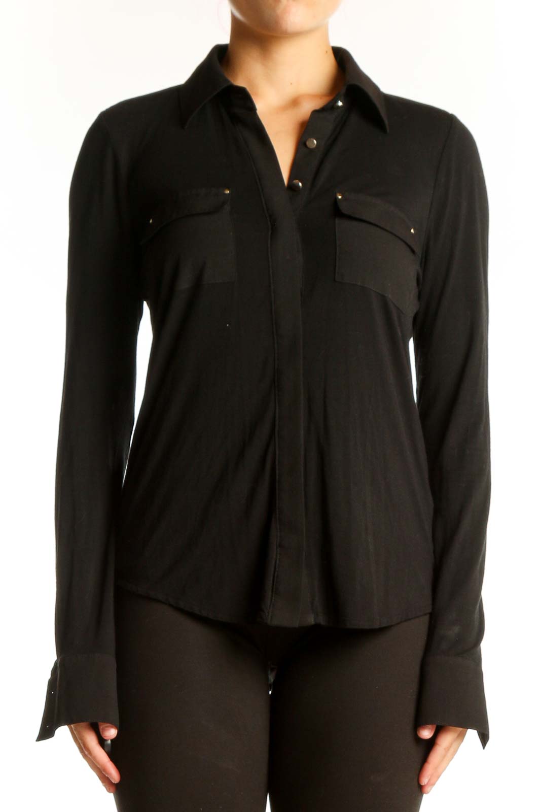 Front view of Black Button-Up Shirt from White House Black Market with front pockets