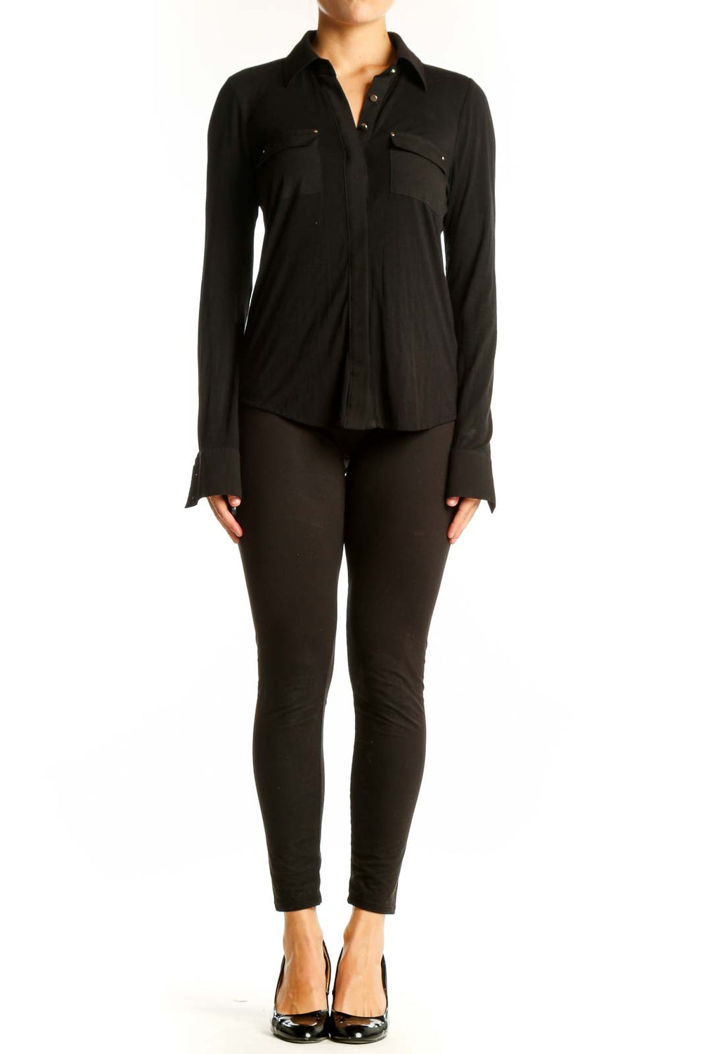 Front view of Black Button-Up Shirt from White House Black Market with front pockets