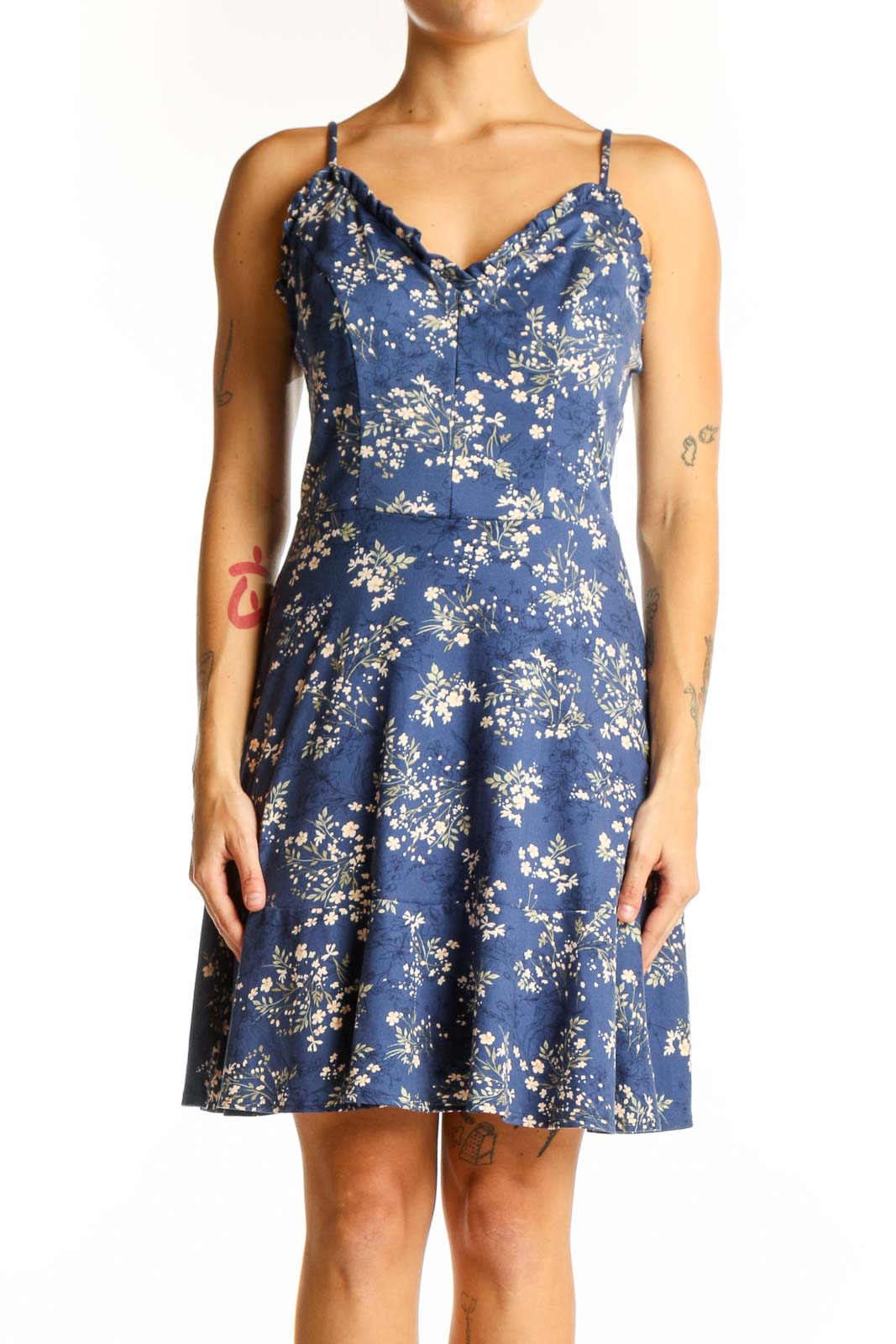 Front view of Nine Britton blue floral spaghetti strap dress with sweetheart neckline