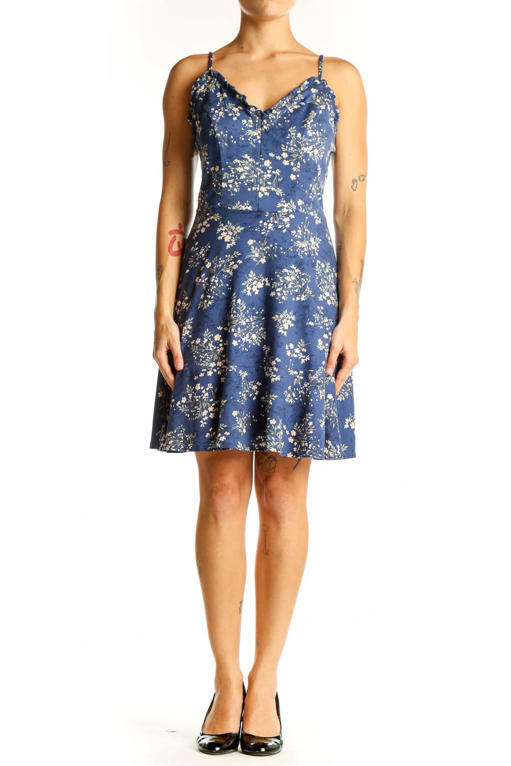 Front view of Nine Britton blue floral spaghetti strap dress with sweetheart neckline