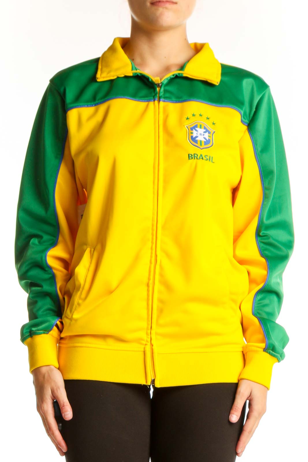 Front view of yellow and green CBF BRAZIL soccer jacket with team logo