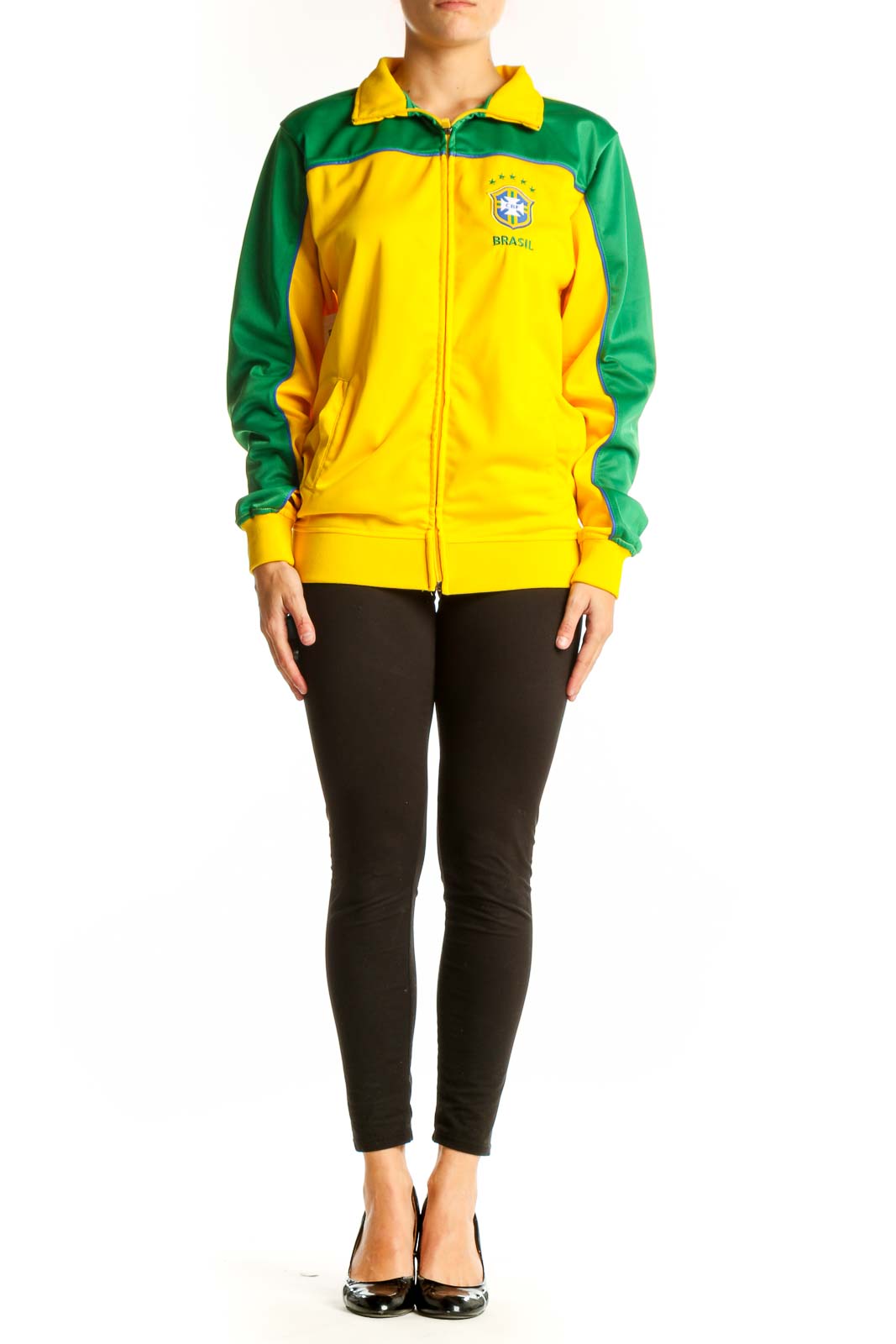 Front view of yellow and green CBF BRAZIL soccer jacket with team logo