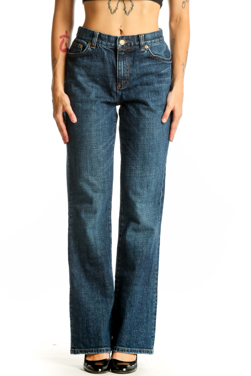 Front view of Lauren Jeans Co. Ralph Lauren blue straight leg jeans
