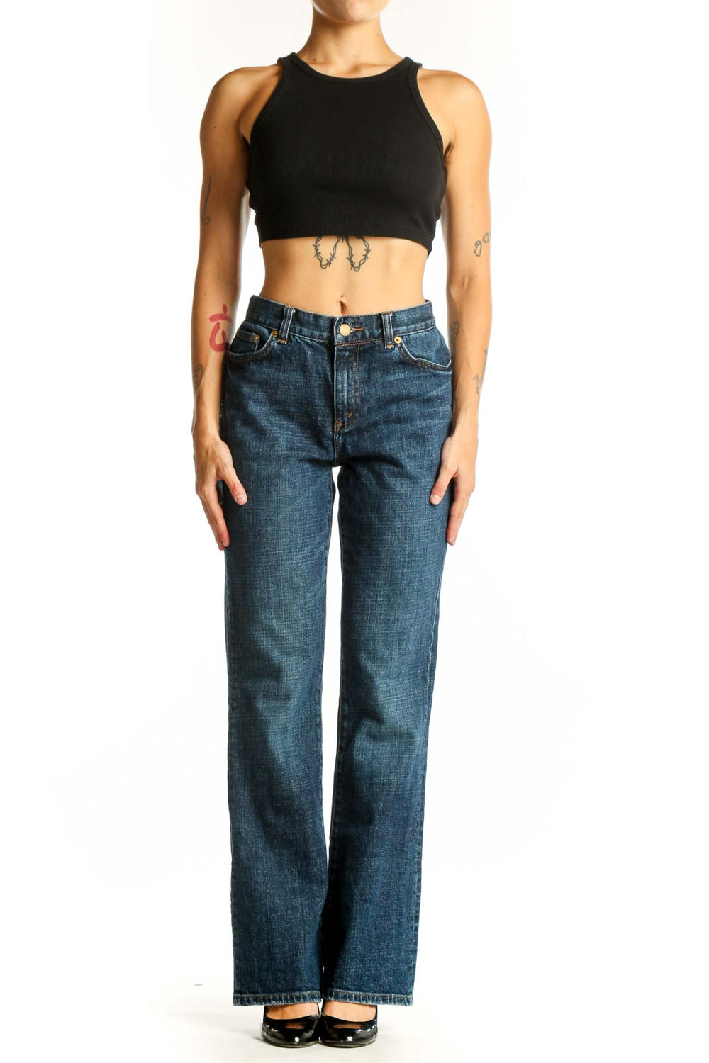 Front view of Lauren Jeans Co. Ralph Lauren blue straight leg jeans