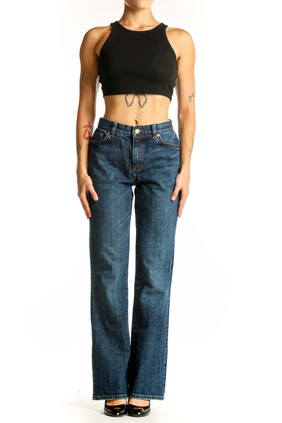 Front view of Lauren Jeans Co. Ralph Lauren blue straight leg jeans