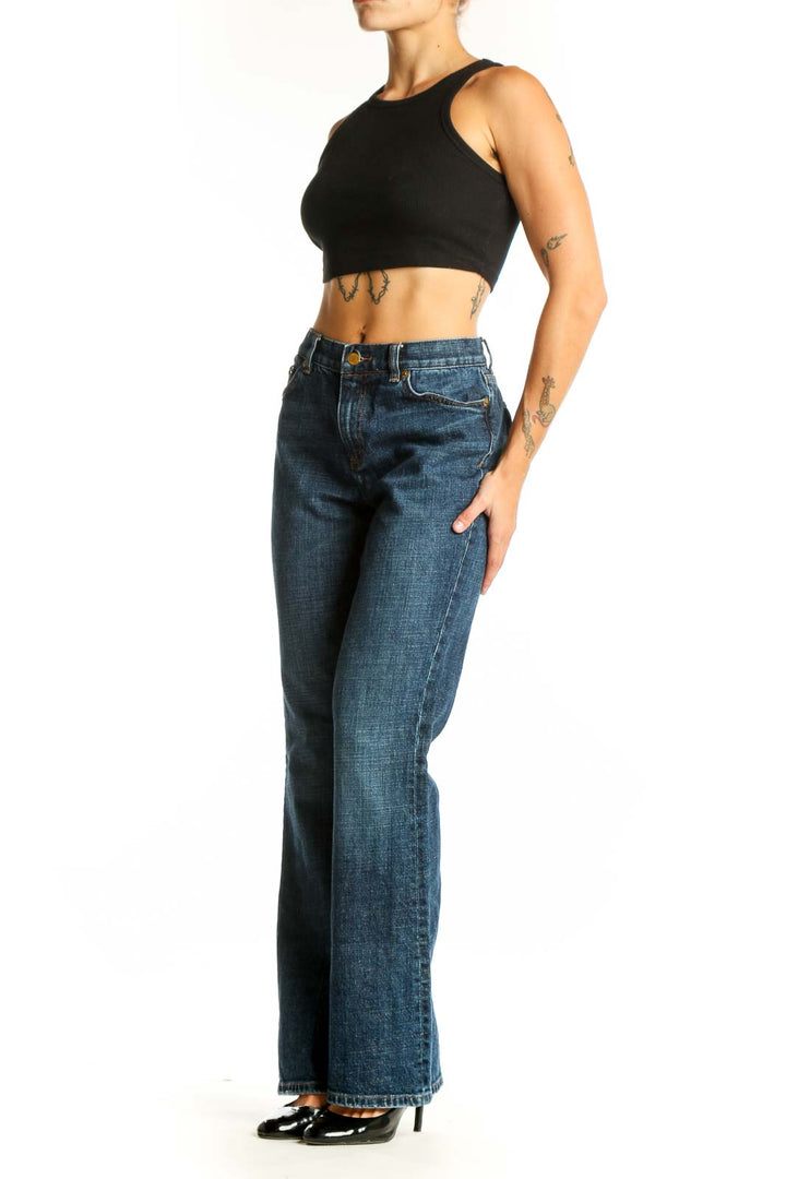 Front view of Lauren Jeans Co. Ralph Lauren blue straight leg jeans