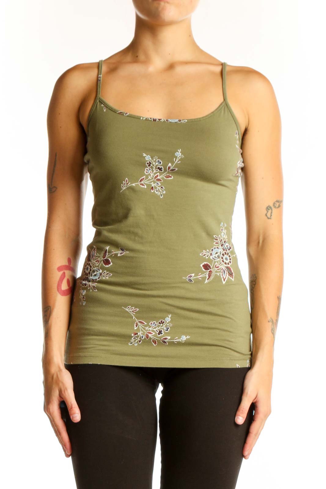Front view of olive green LOFT Outlet camisole with floral embroidery