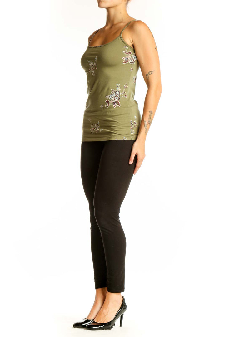 Front view of olive green LOFT Outlet camisole with floral embroidery