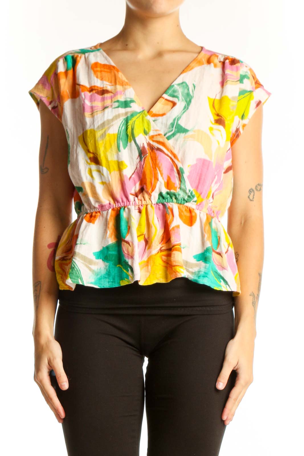 Front view of Gemma + Jane Multicolor Floral Peplum Top with V-neck and cap sleeves