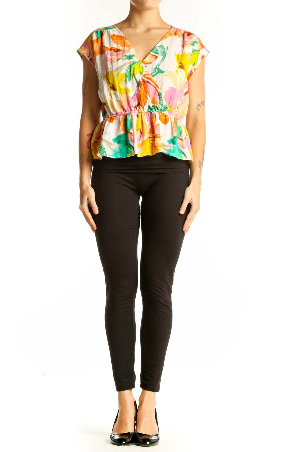 Front view of Gemma + Jane Multicolor Floral Peplum Top with V-neck and cap sleeves