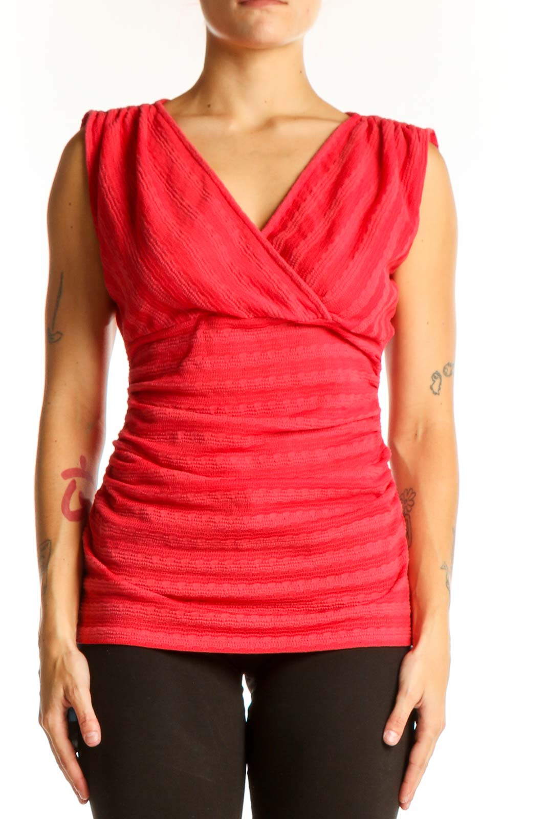 Front view of red ruched V-neck sleeveless top by Ann Taylor