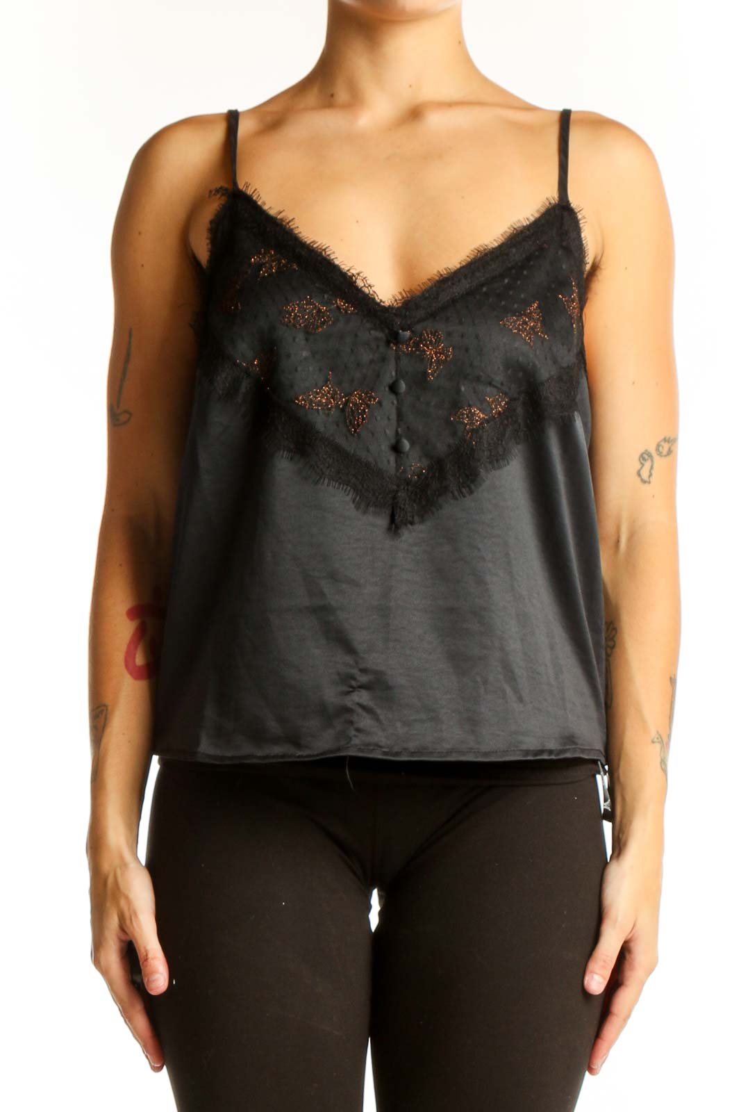 Front view of Jessica Simpson black satin camisole top with lace trim