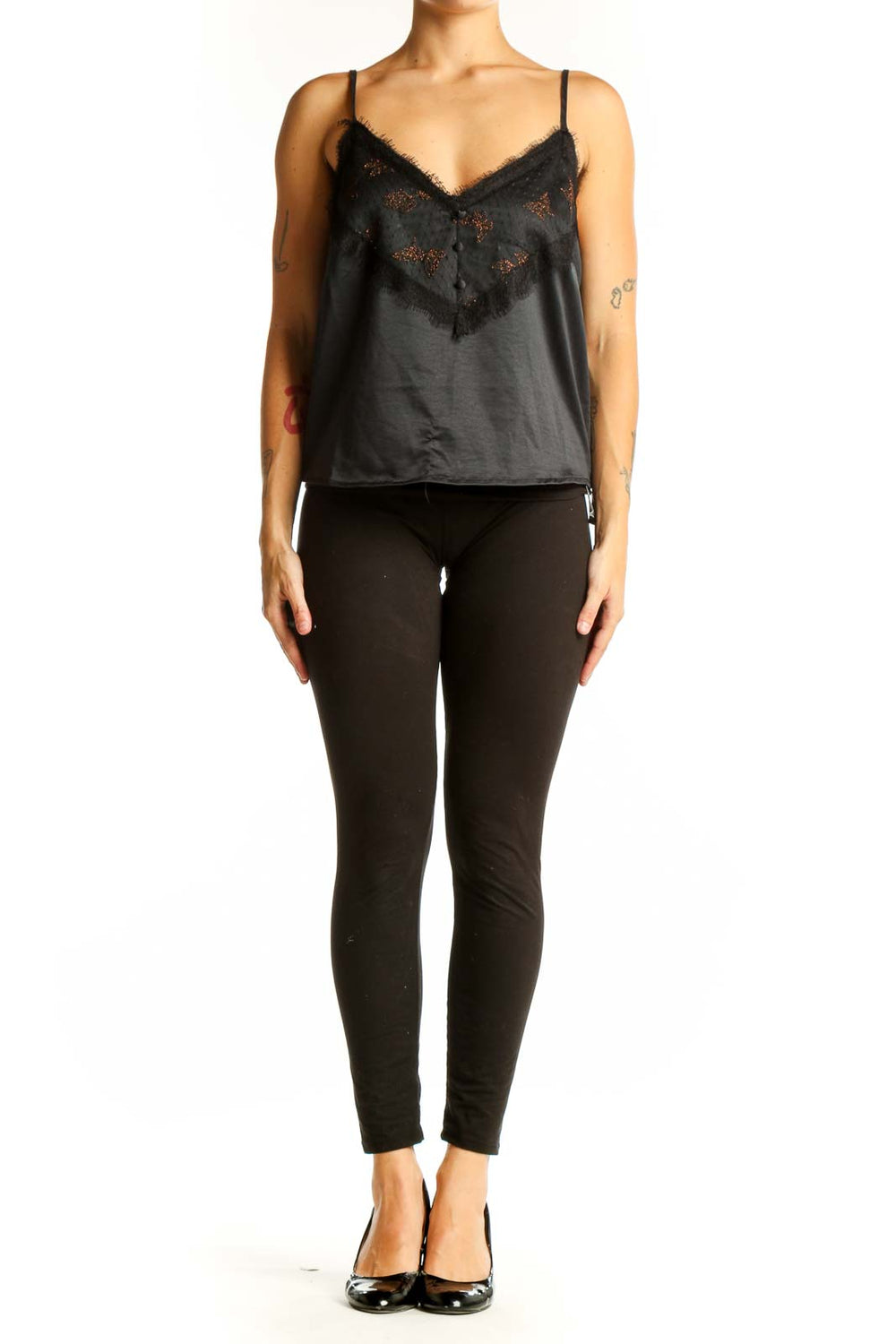 Front view of Jessica Simpson black satin camisole top with lace trim