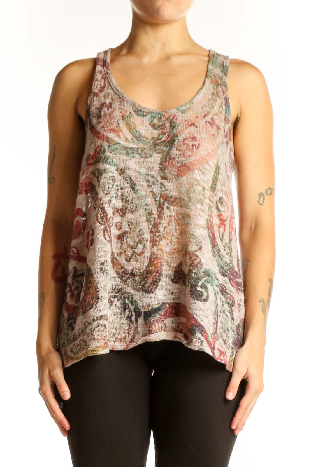 Front view of Enti beige floral paisley tank top on model