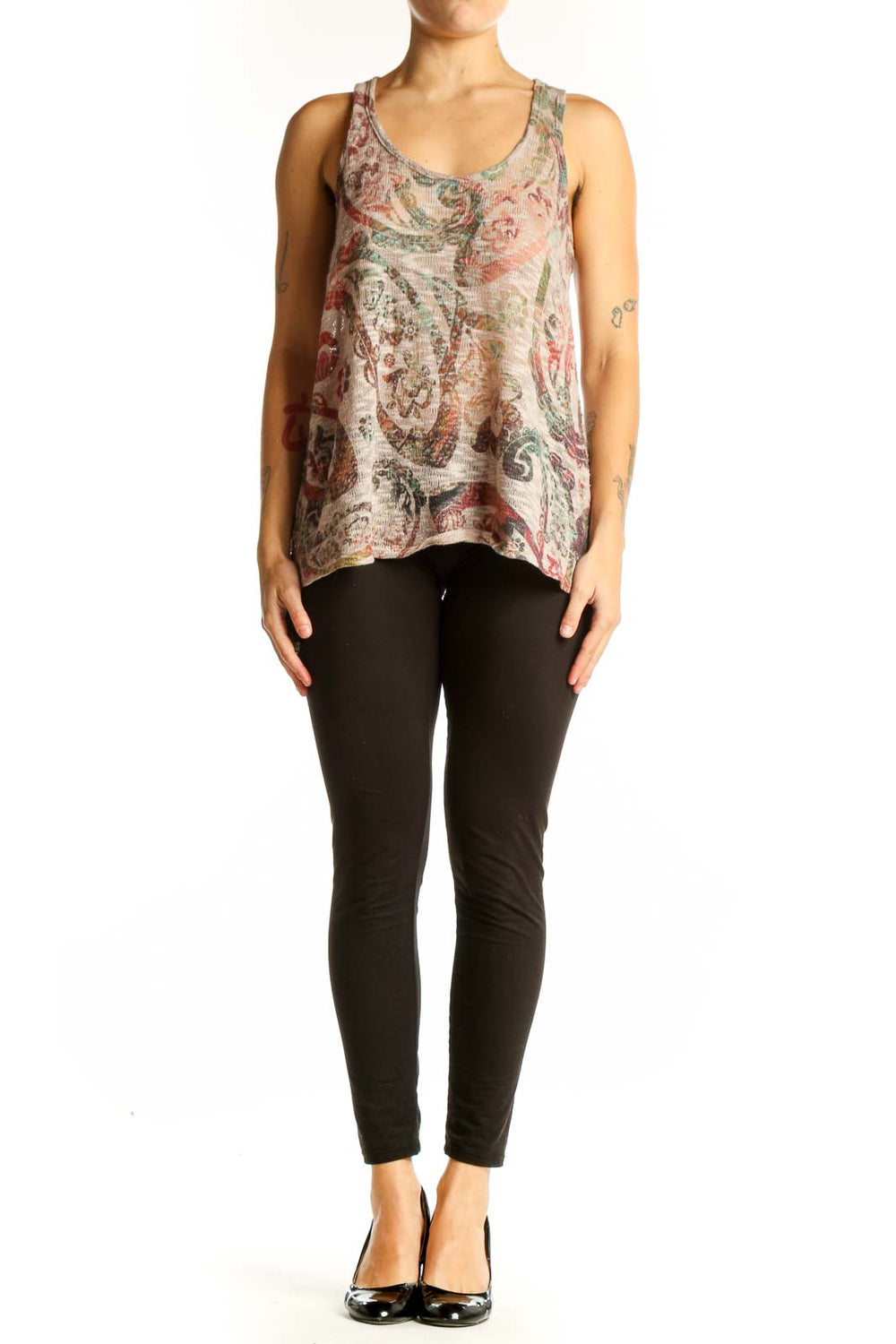 Front view of Enti beige floral paisley tank top on model