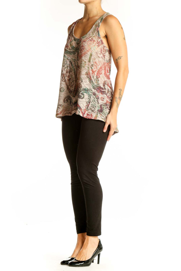 Front view of Enti beige floral paisley tank top on model