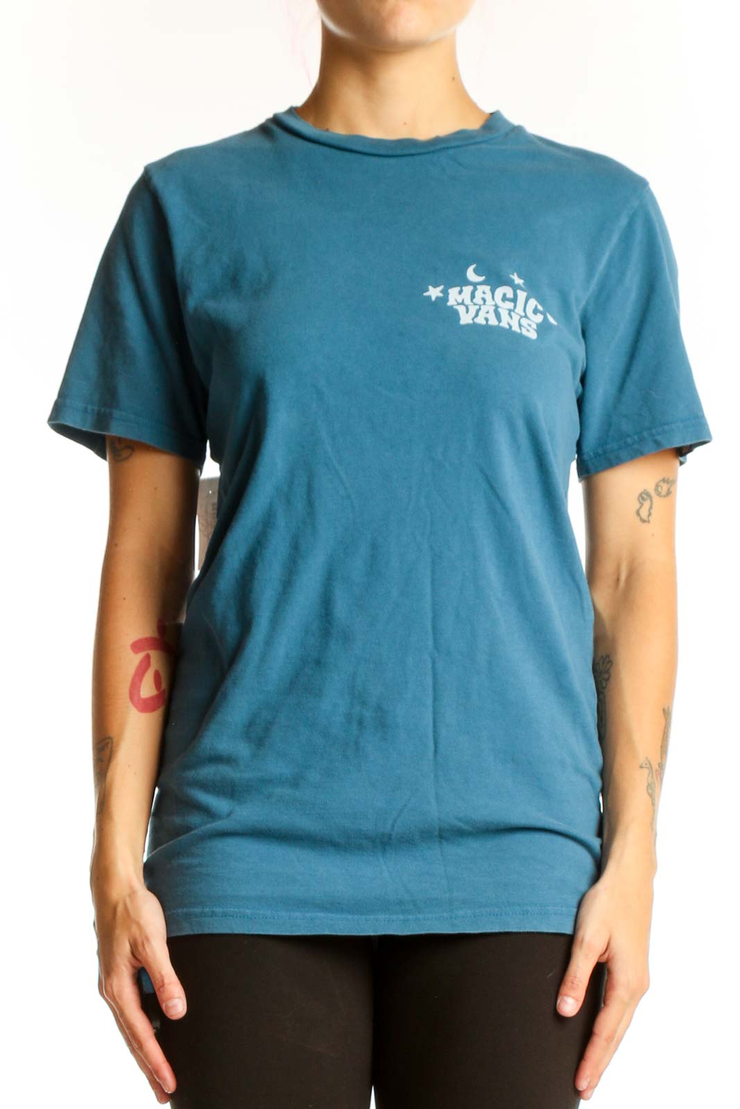 Front view of teal Vans t-shirt with 'Magic Vans' graphic print