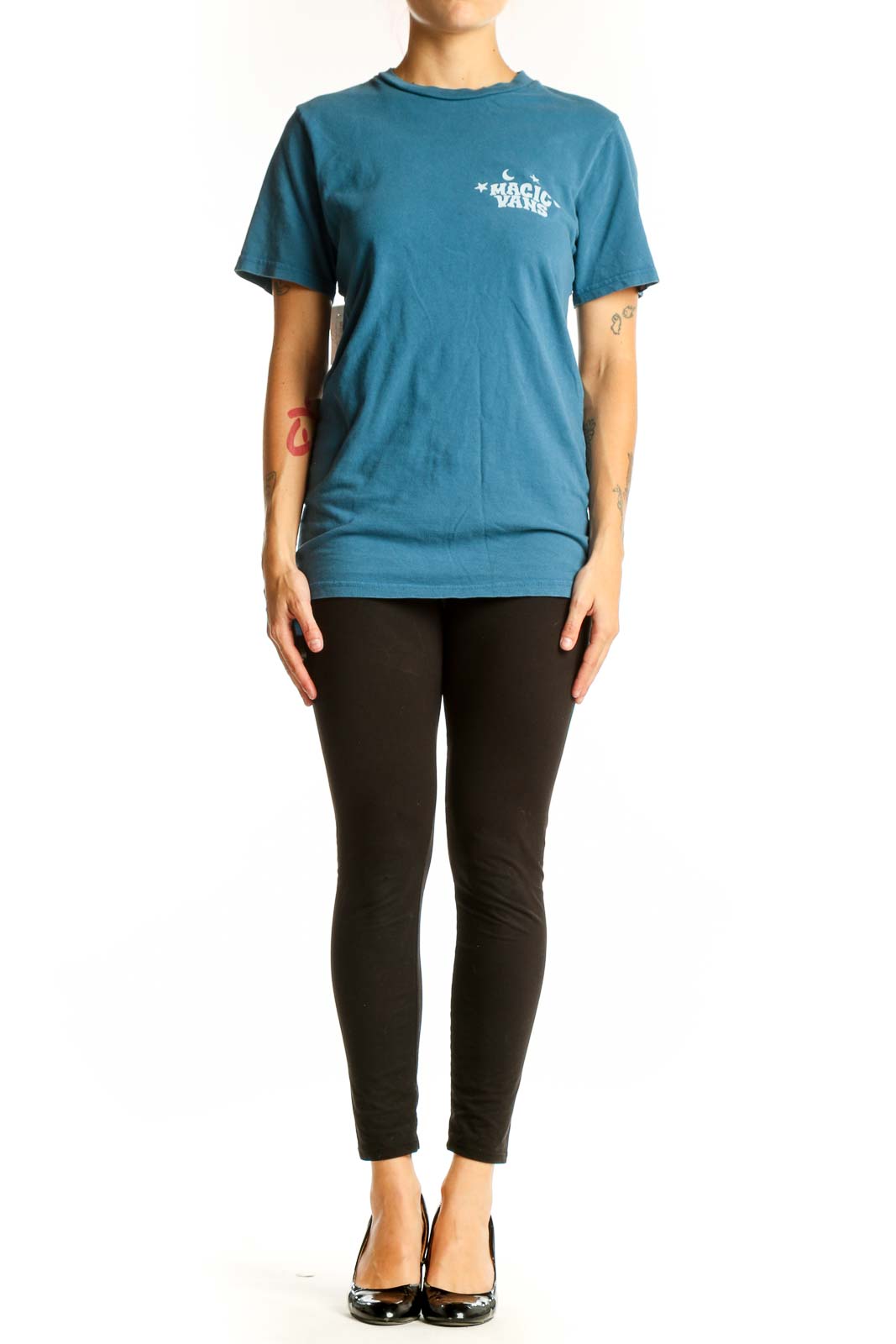 Front view of teal Vans t-shirt with 'Magic Vans' graphic print