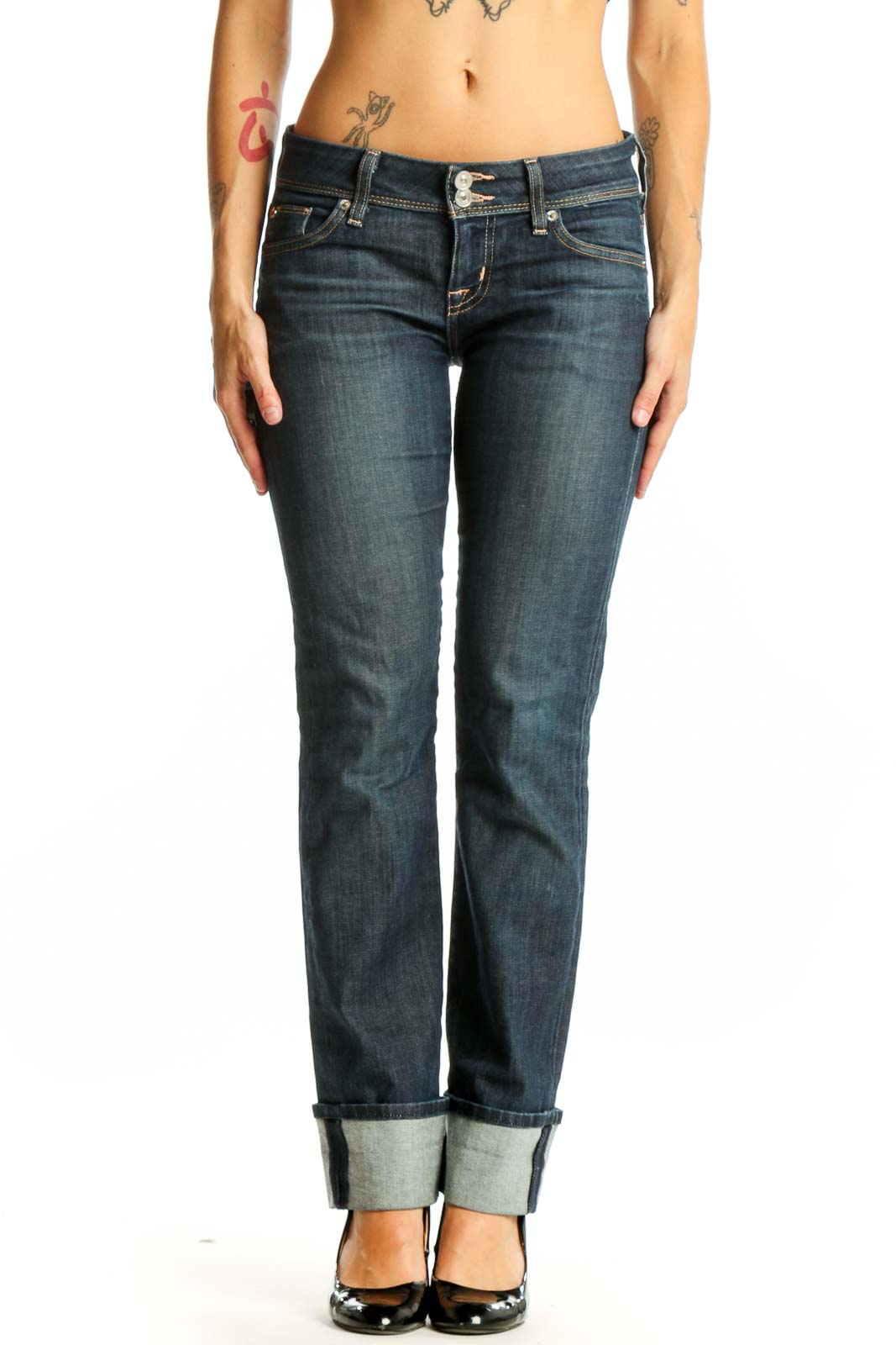 Front view of Hudson dark blue straight leg jeans with cuffed hem