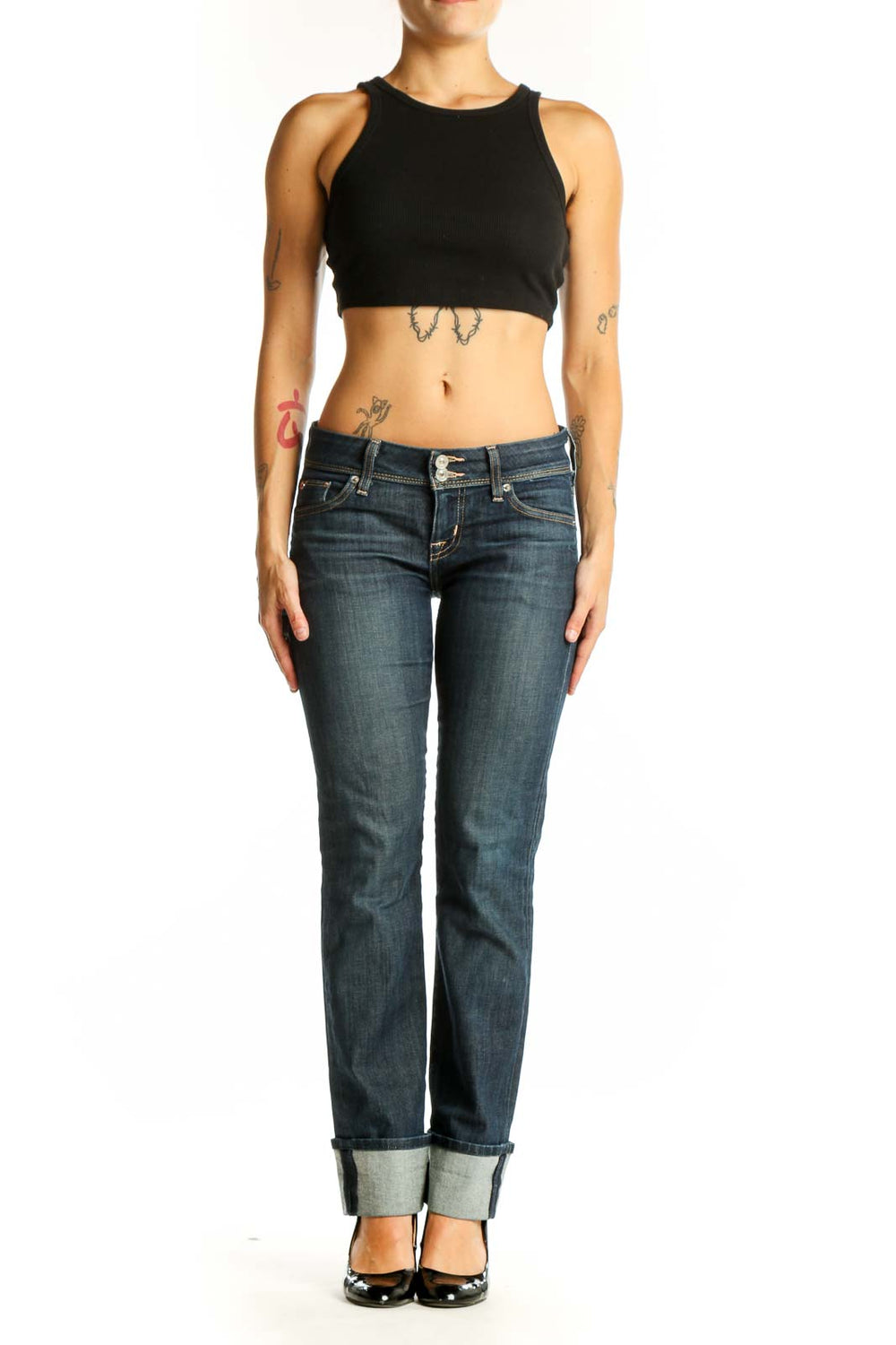 Front view of Hudson dark blue straight leg jeans with cuffed hem
