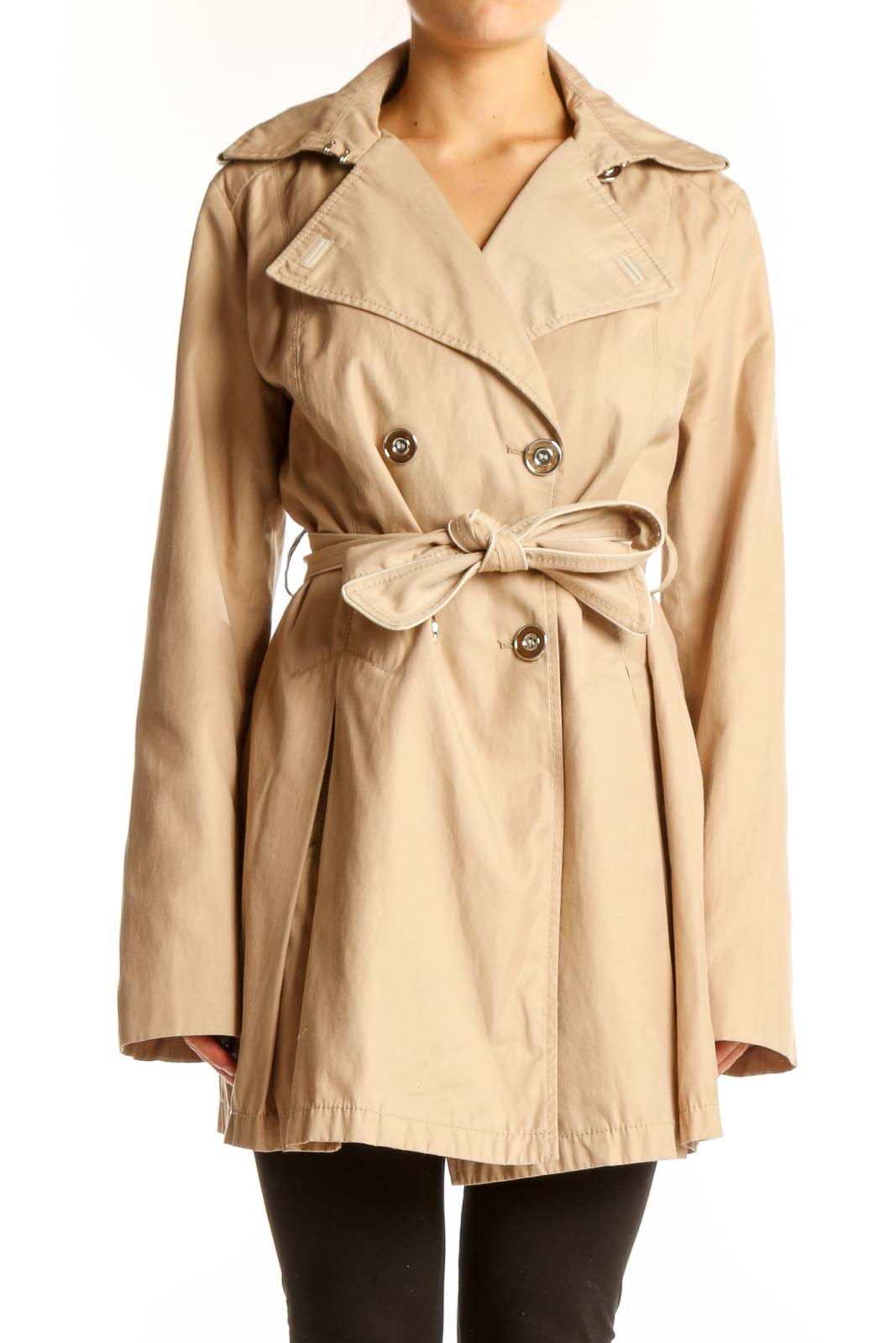 Front view of LAUNDRY by SHELLI SEGAL beige double-breasted trench coat with belt