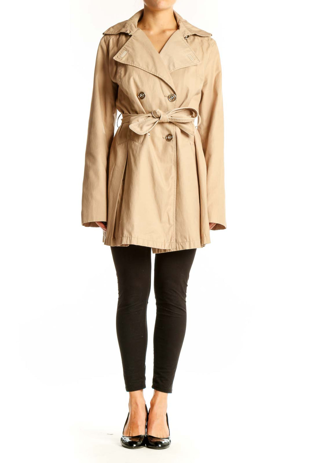 Front view of LAUNDRY by SHELLI SEGAL beige double-breasted trench coat with belt