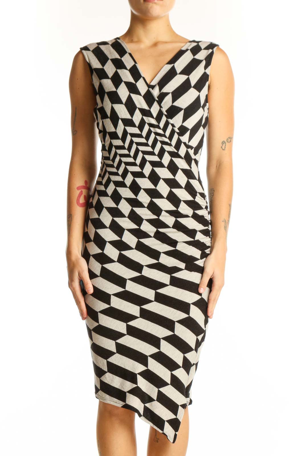 Front view of Tracy Reese black and white geometric print wrap dress with asymmetrical hem