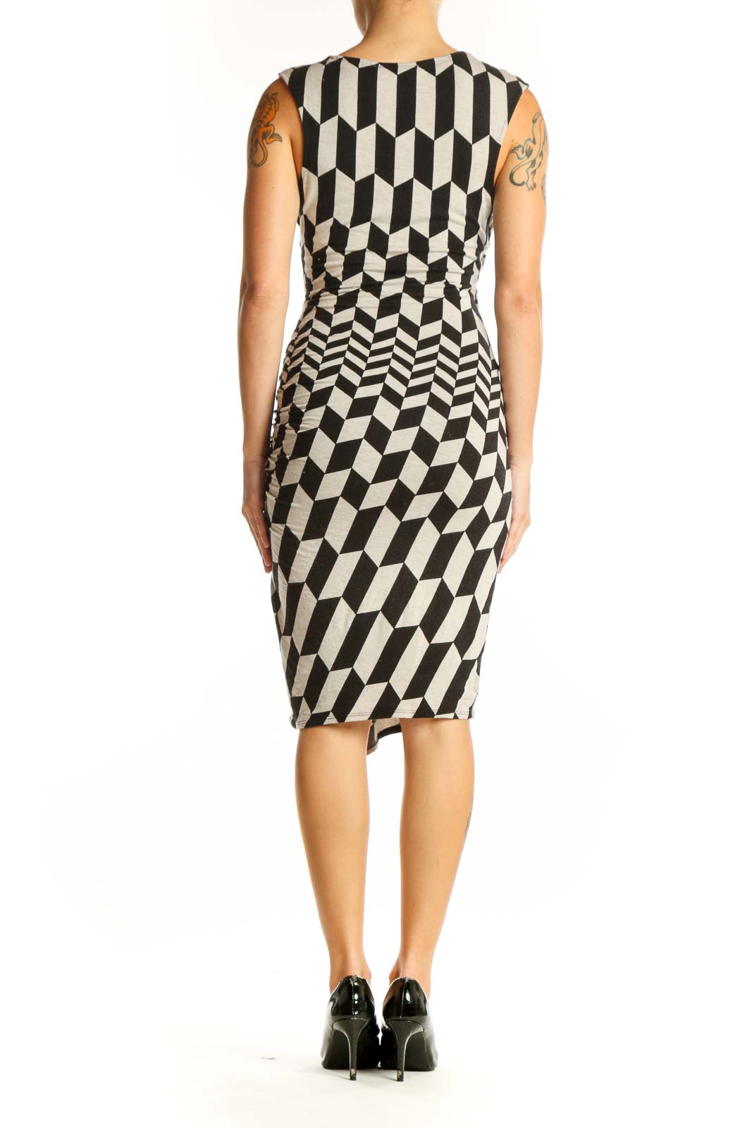 Back view of Tracy Reese black and white geometric print wrap dress showing fitted silhouette