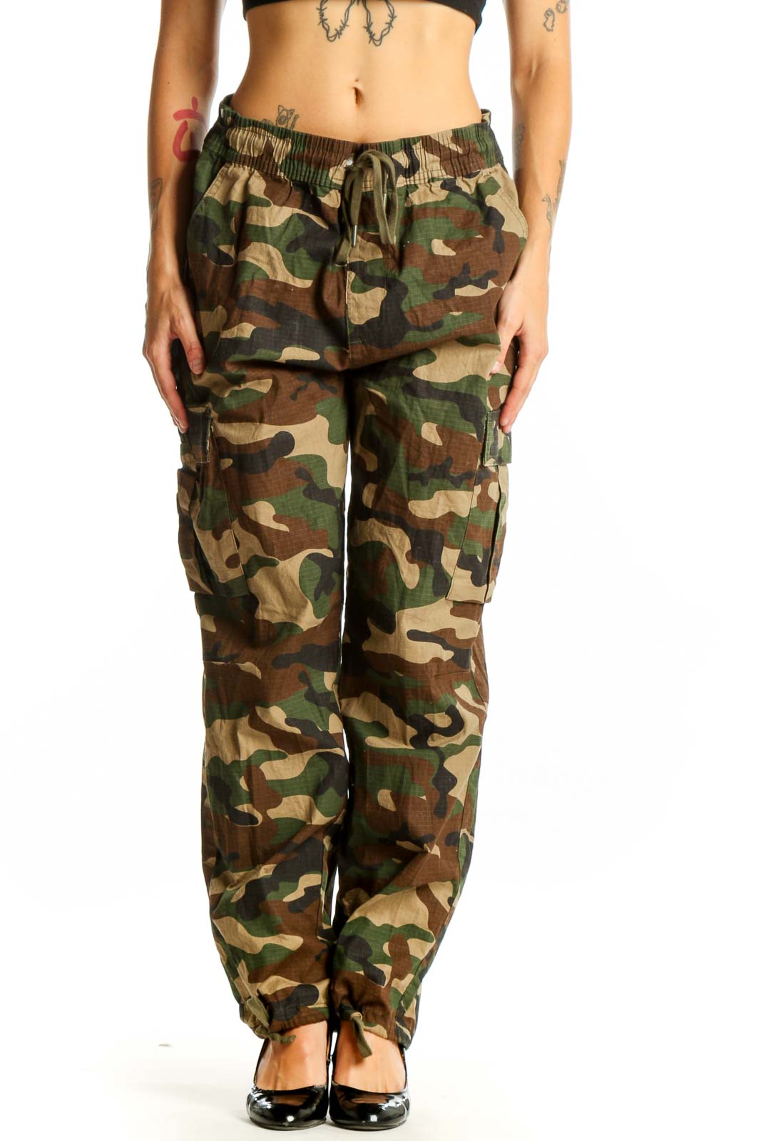 Front view of Maison Article green camouflage cargo pants with multiple pockets